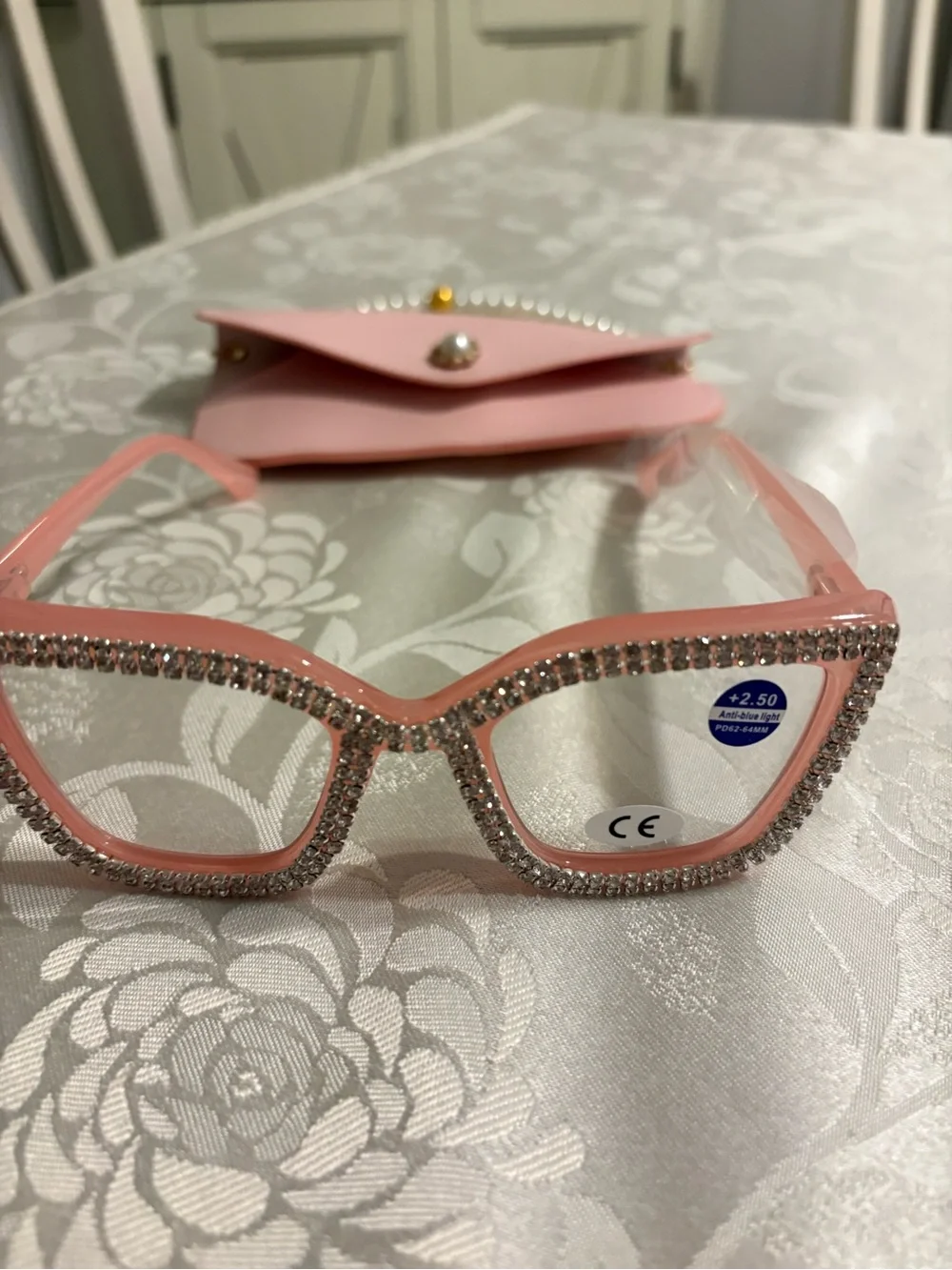 Diamond Studded glasses +2.50 case & pearl Neck hanger “anti-blue light” New